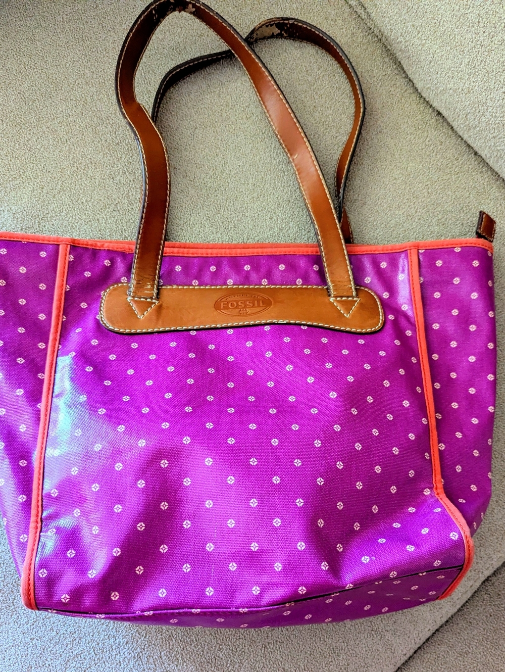 Fossil Purple Polka Dot Tote with Brown Leather Trim